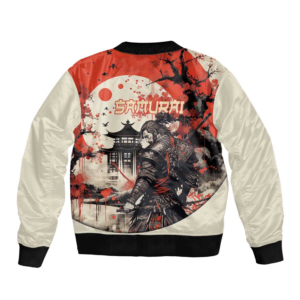Samurai Warrior Japan Sleeve Zip Bomber Jacket Red-blossomed Tree Classic Japanese Stylized - Polynesian Pride