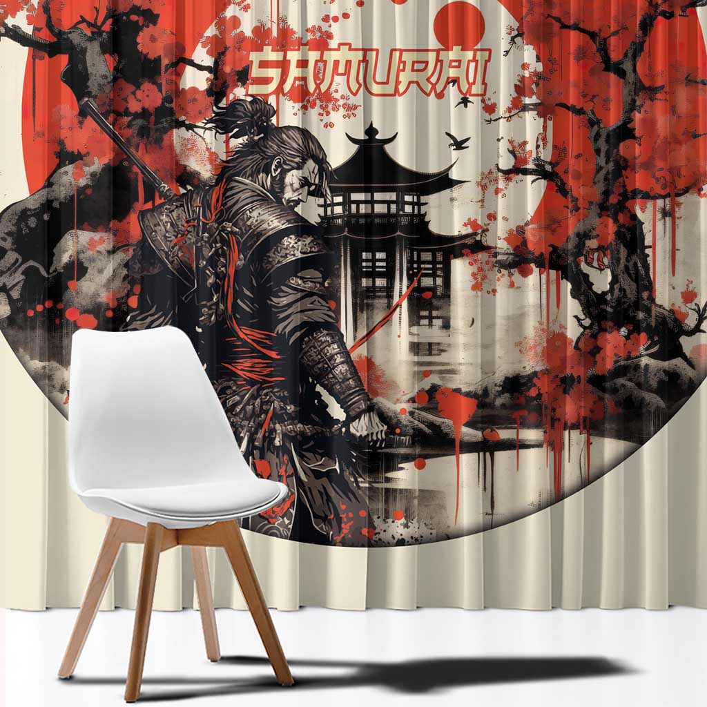 Samurai Warrior Japan Window Curtain Red-blossomed Tree Classic Japanese Stylized - Polynesian Pride