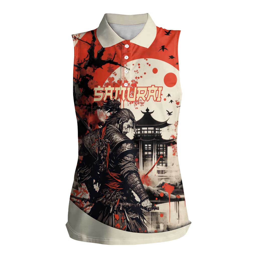 Samurai Warrior Japan Women Sleeveless Polo Shirt Red-blossomed Tree Classic Japanese Stylized LT14 Female Red - Polynesian Pride