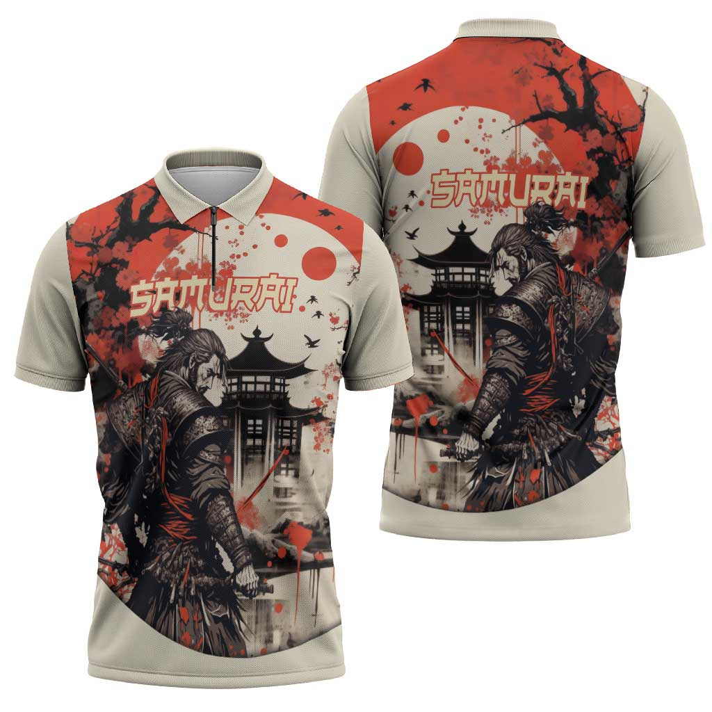 Samurai Warrior Japan Zipper Polo Shirt Red-blossomed Tree Classic Japanese Stylized LT14 - Polynesian Pride