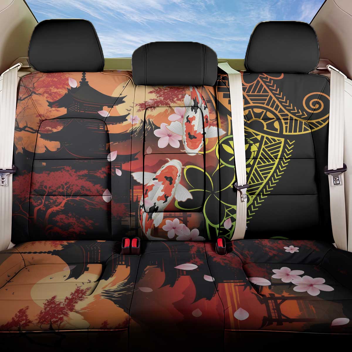Hawaiian and Japanese Back Car Seat Cover Koi Fish With Kanaka Polynesian Tattoo - Polynesian Pride