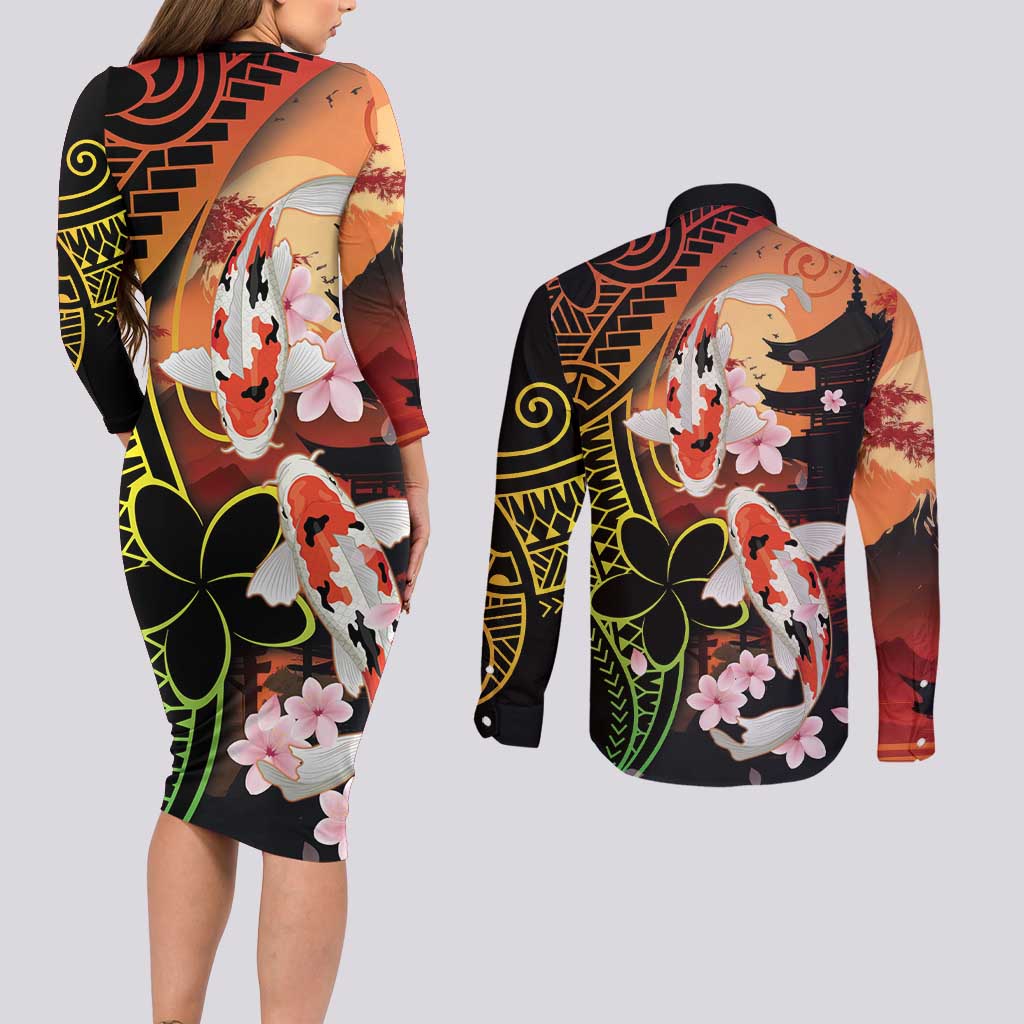 Hawaiian and Japanese Couples Matching Long Sleeve Bodycon Dress and Long Sleeve Button Shirt Koi Fish With Kanaka Polynesian Tattoo LT14 - Polynesian Pride