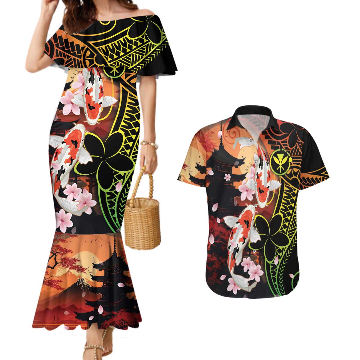 Hawaiian and Japanese Couples Matching Mermaid Dress and Hawaiian Shirt Koi Fish With Kanaka Polynesian Tattoo - Polynesian Pride