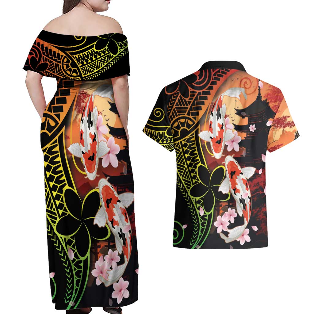 Hawaiian and Japanese Couples Matching Off Shoulder Maxi Dress and Hawaiian Shirt Koi Fish With Kanaka Polynesian Tattoo LT14 - Polynesian Pride