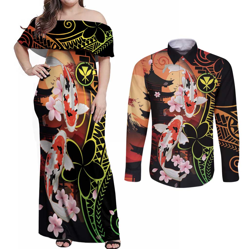 Hawaiian and Japanese Couples Matching Off Shoulder Maxi Dress and Long Sleeve Button Shirt Koi Fish With Kanaka Polynesian Tattoo LT14 Black - Polynesian Pride