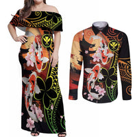 Hawaiian and Japanese Couples Matching Off Shoulder Maxi Dress and Long Sleeve Button Shirt Koi Fish With Kanaka Polynesian Tattoo LT14 Black - Polynesian Pride