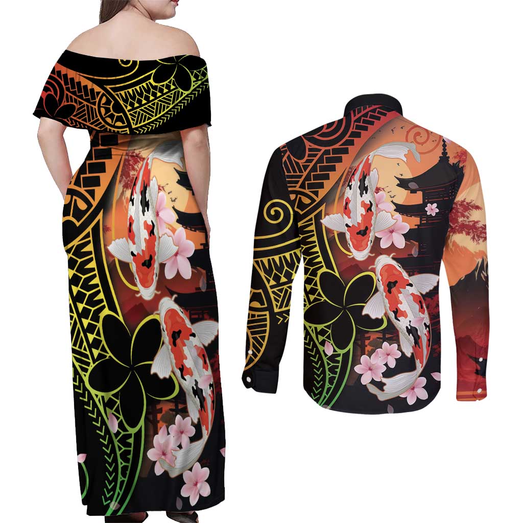 Hawaiian and Japanese Couples Matching Off Shoulder Maxi Dress and Long Sleeve Button Shirt Koi Fish With Kanaka Polynesian Tattoo LT14 - Polynesian Pride