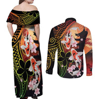 Hawaiian and Japanese Couples Matching Off Shoulder Maxi Dress and Long Sleeve Button Shirt Koi Fish With Kanaka Polynesian Tattoo LT14 - Polynesian Pride
