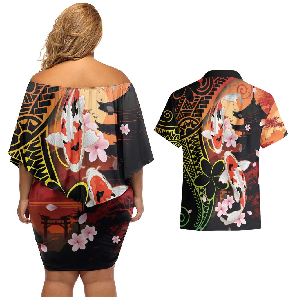 Hawaiian and Japanese Couples Matching Off Shoulder Short Dress and Hawaiian Shirt Koi Fish With Kanaka Polynesian Tattoo LT14 - Polynesian Pride