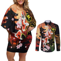 Hawaiian and Japanese Couples Matching Off Shoulder Short Dress and Long Sleeve Button Shirt Koi Fish With Kanaka Polynesian Tattoo LT14 Black - Polynesian Pride