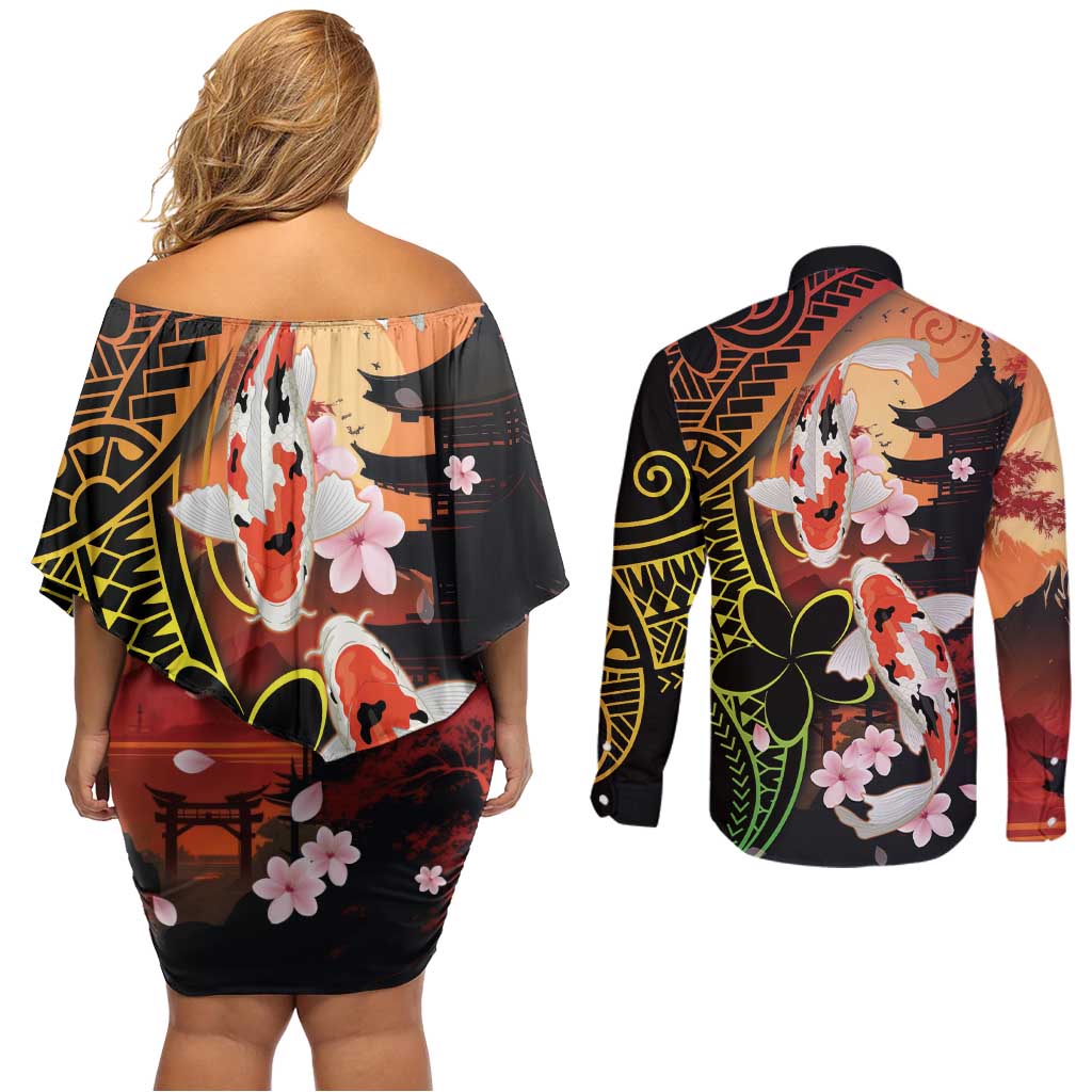 Hawaiian and Japanese Couples Matching Off Shoulder Short Dress and Long Sleeve Button Shirt Koi Fish With Kanaka Polynesian Tattoo LT14 - Polynesian Pride
