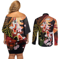 Hawaiian and Japanese Couples Matching Off Shoulder Short Dress and Long Sleeve Button Shirt Koi Fish With Kanaka Polynesian Tattoo LT14 - Polynesian Pride
