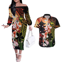 Hawaiian and Japanese Couples Matching Off The Shoulder Long Sleeve Dress and Hawaiian Shirt Koi Fish With Kanaka Polynesian Tattoo LT14 Black - Polynesian Pride