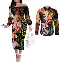 Hawaiian and Japanese Couples Matching Off The Shoulder Long Sleeve Dress and Long Sleeve Button Shirt Koi Fish With Kanaka Polynesian Tattoo LT14 Black - Polynesian Pride