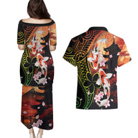 Hawaiian and Japanese Couples Matching Puletasi and Hawaiian Shirt Koi Fish With Kanaka Polynesian Tattoo LT14 - Polynesian Pride