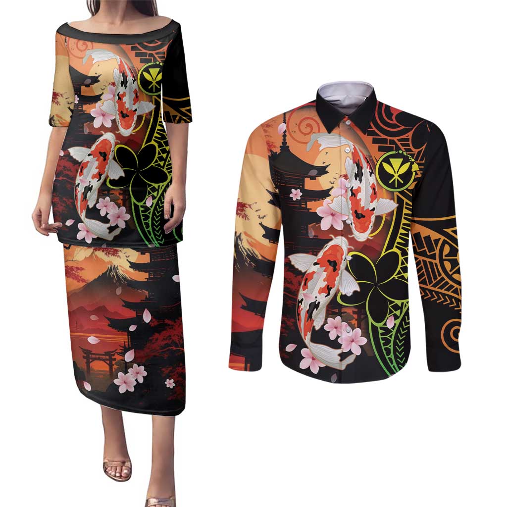 Hawaiian and Japanese Couples Matching Puletasi and Long Sleeve Button Shirt Koi Fish With Kanaka Polynesian Tattoo LT14 Black - Polynesian Pride