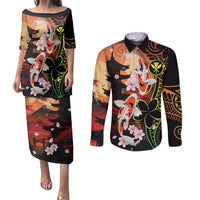 Hawaiian and Japanese Couples Matching Puletasi and Long Sleeve Button Shirt Koi Fish With Kanaka Polynesian Tattoo LT14 Black - Polynesian Pride