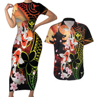 Hawaiian and Japanese Couples Matching Short Sleeve Bodycon Dress and Hawaiian Shirt Koi Fish With Kanaka Polynesian Tattoo LT14 Black - Polynesian Pride