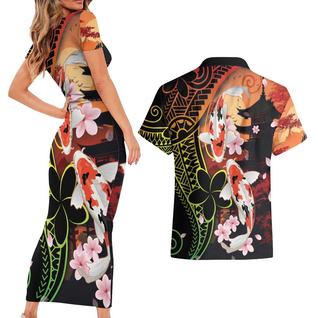 Hawaiian and Japanese Couples Matching Short Sleeve Bodycon Dress and Hawaiian Shirt Koi Fish With Kanaka Polynesian Tattoo LT14 - Polynesian Pride