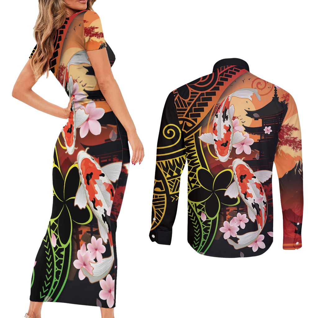 Hawaiian and Japanese Couples Matching Short Sleeve Bodycon Dress and Long Sleeve Button Shirt Koi Fish With Kanaka Polynesian Tattoo LT14 - Polynesian Pride