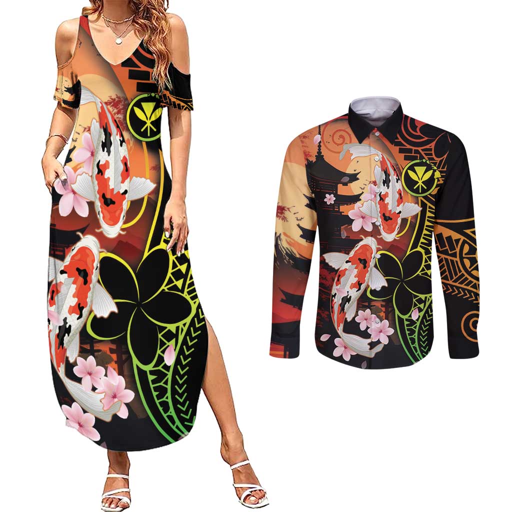 Hawaiian and Japanese Couples Matching Summer Maxi Dress and Long Sleeve Button Shirt Koi Fish With Kanaka Polynesian Tattoo LT14 Black - Polynesian Pride