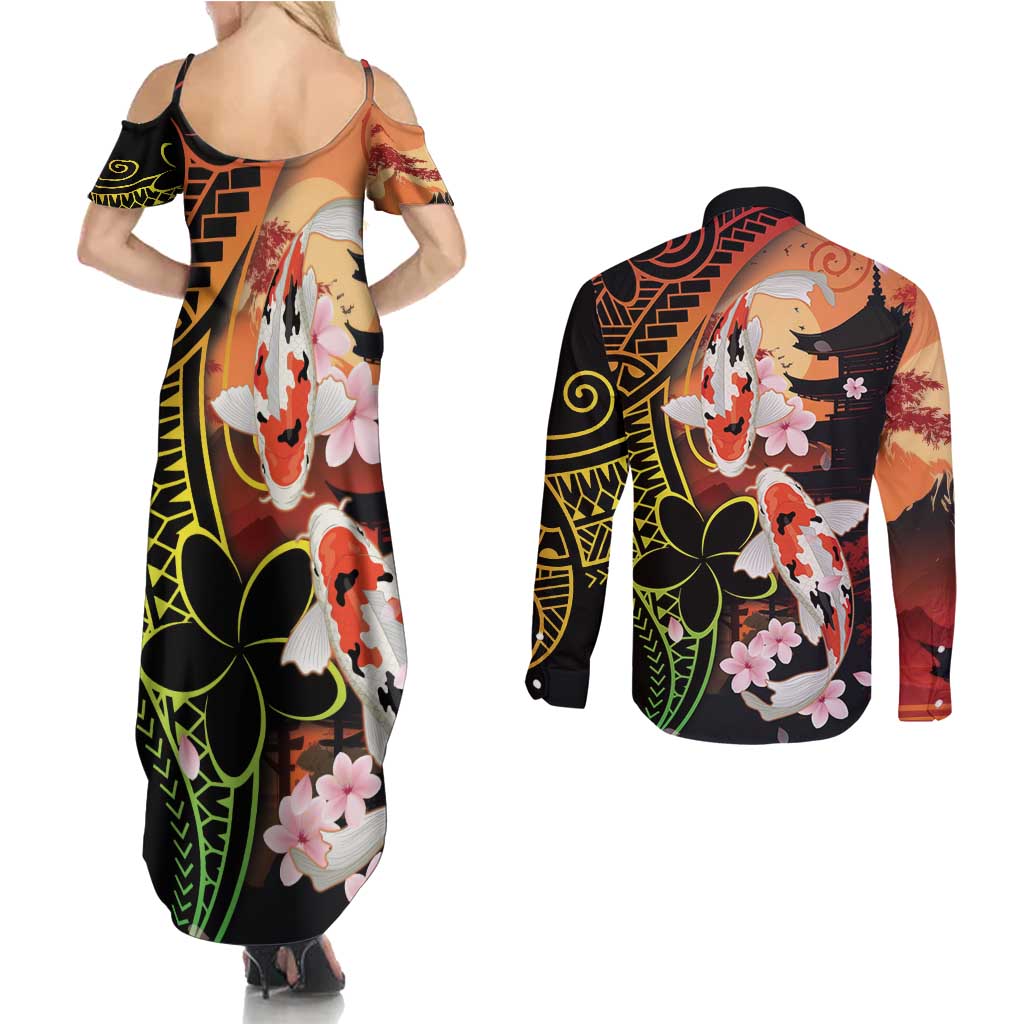 Hawaiian and Japanese Couples Matching Summer Maxi Dress and Long Sleeve Button Shirt Koi Fish With Kanaka Polynesian Tattoo LT14 - Polynesian Pride