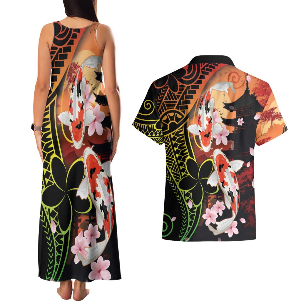 Hawaiian and Japanese Couples Matching Tank Maxi Dress and Hawaiian Shirt Koi Fish With Kanaka Polynesian Tattoo LT14 - Polynesian Pride
