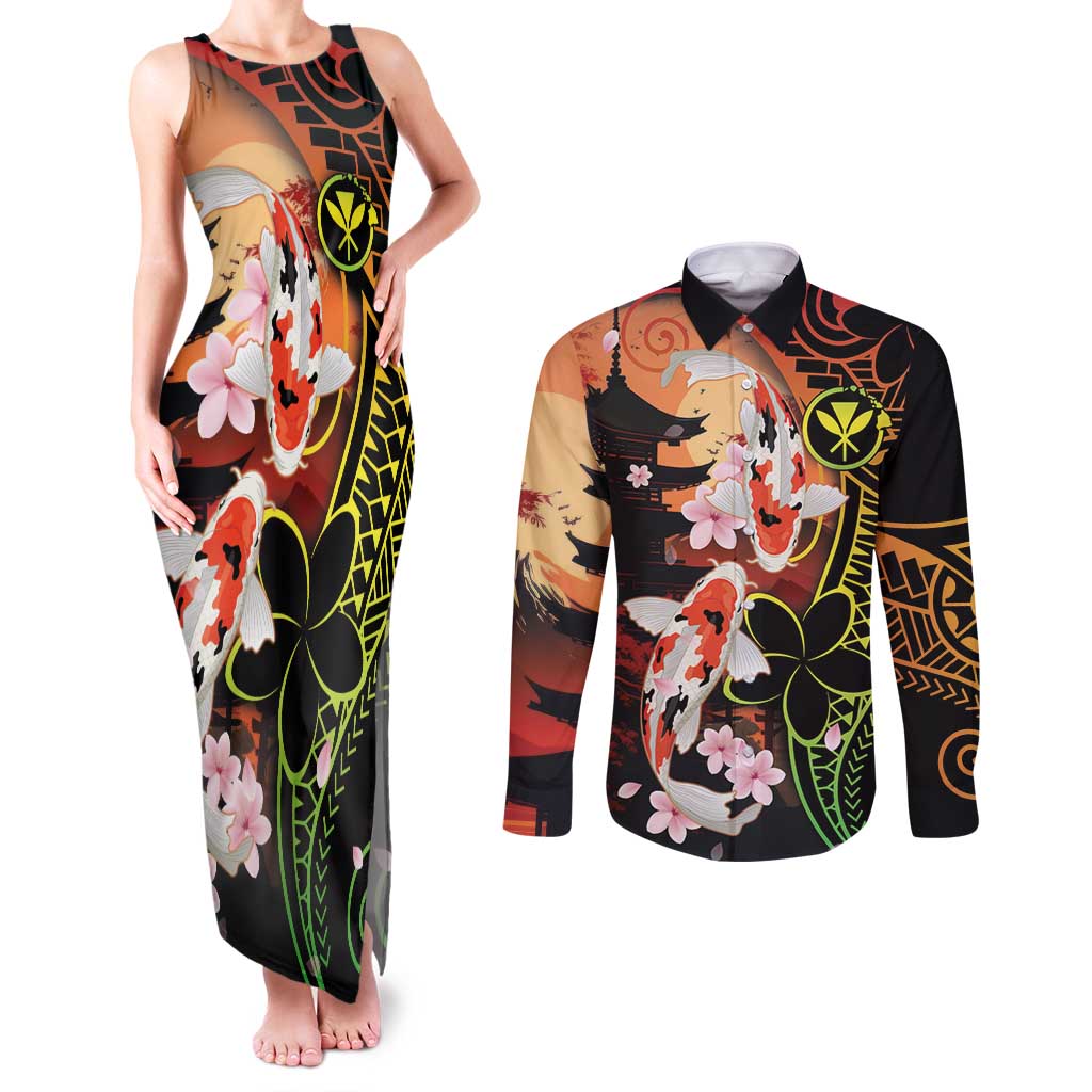 Hawaiian and Japanese Couples Matching Tank Maxi Dress and Long Sleeve Button Shirt Koi Fish With Kanaka Polynesian Tattoo LT14 Black - Polynesian Pride