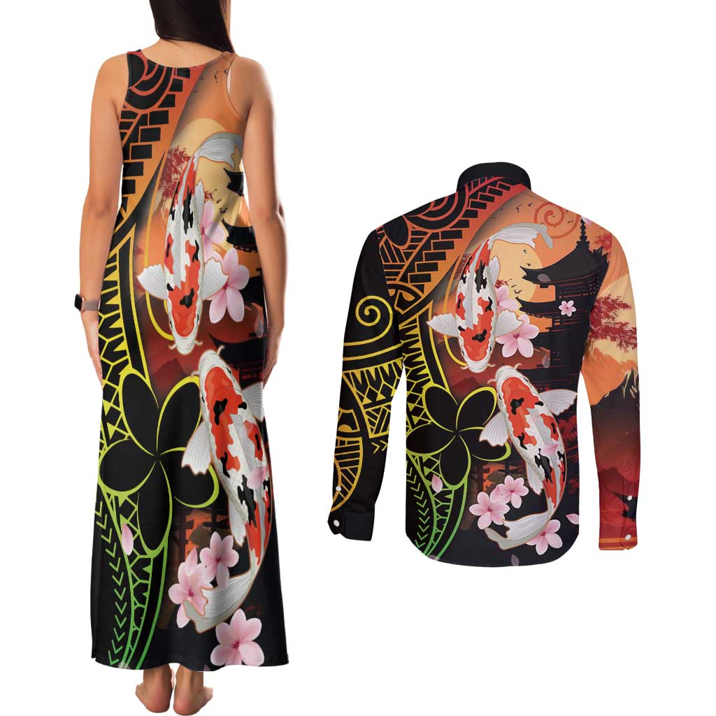 Hawaiian and Japanese Couples Matching Tank Maxi Dress and Long Sleeve Button Shirt Koi Fish With Kanaka Polynesian Tattoo LT14 - Polynesian Pride