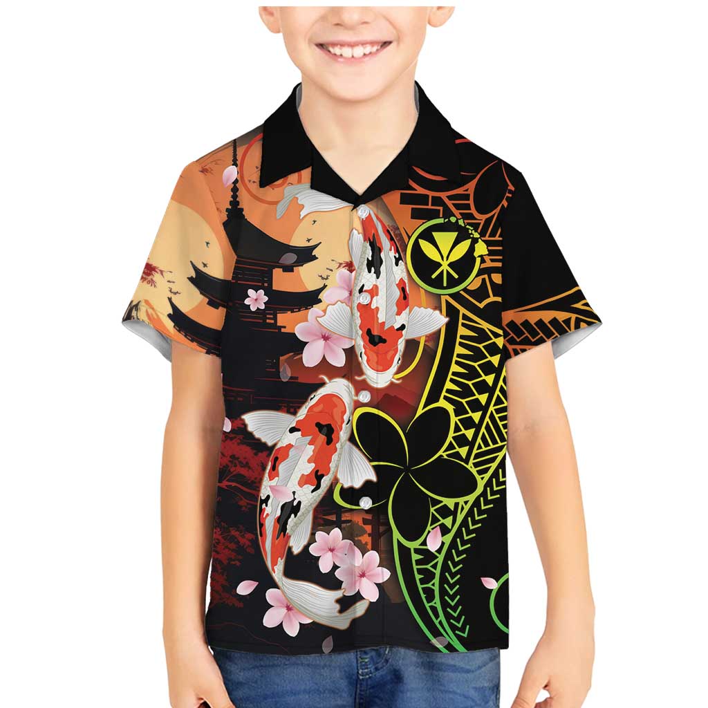Hawaiian and Japanese Family Matching Mermaid Dress and Hawaiian Shirt Koi Fish With Kanaka Polynesian Tattoo LT14 Son's Shirt Black - Polynesian Pride