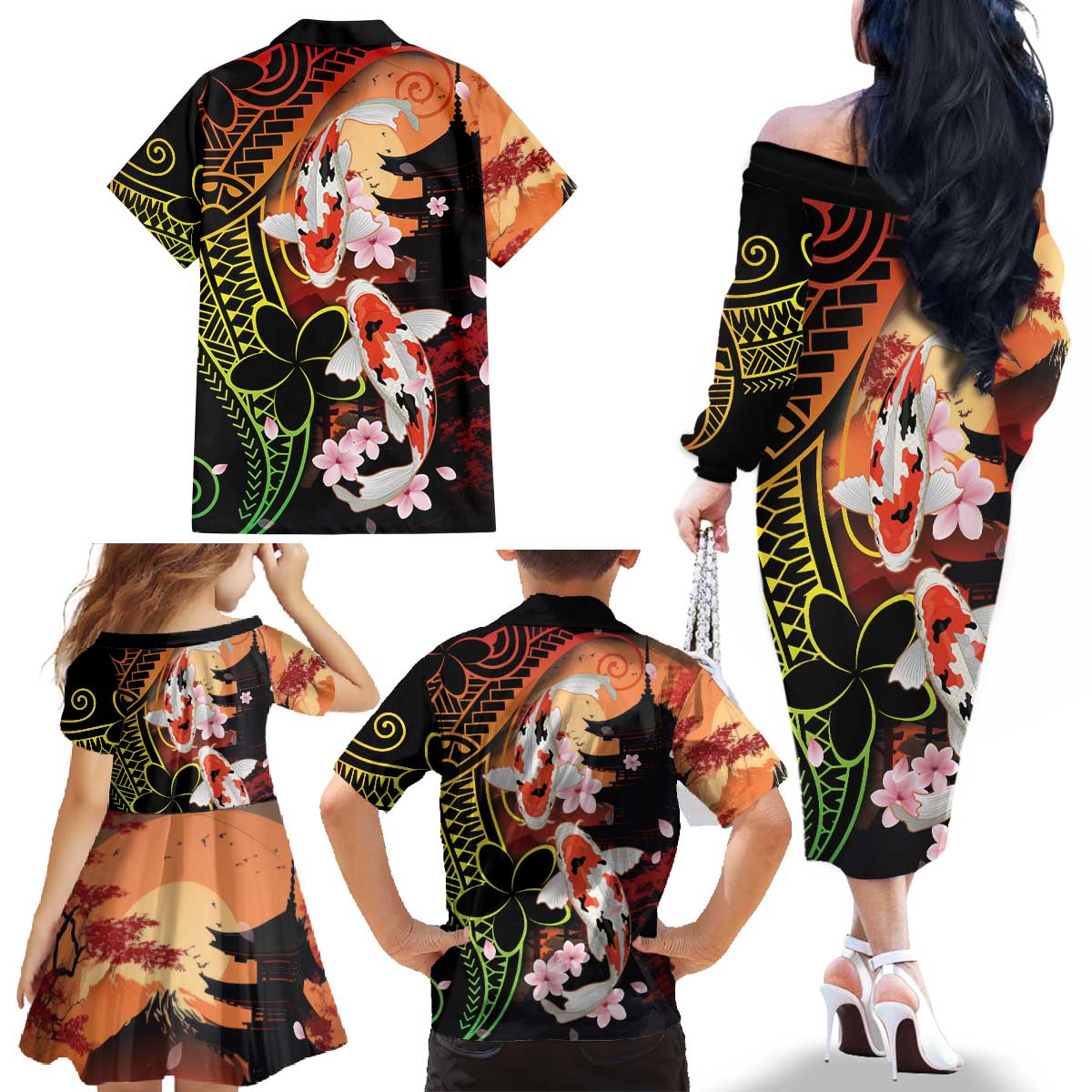 Hawaiian and Japanese Family Matching Off The Shoulder Long Sleeve Dress and Hawaiian Shirt Koi Fish With Kanaka Polynesian Tattoo LT14 - Polynesian Pride