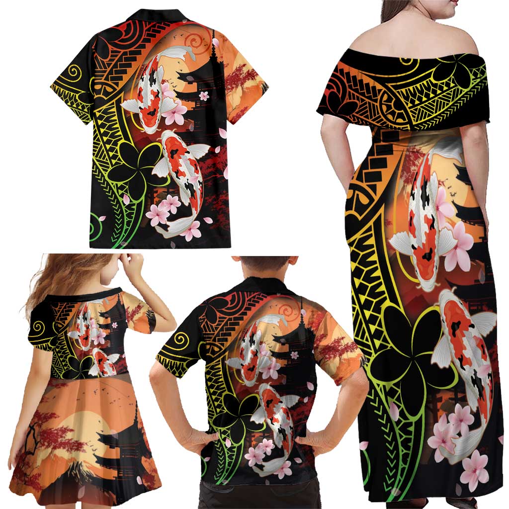 Hawaiian and Japanese Family Matching Off Shoulder Maxi Dress and Hawaiian Shirt Koi Fish With Kanaka Polynesian Tattoo LT14 - Polynesian Pride