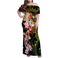 Hawaiian and Japanese Family Matching Off Shoulder Maxi Dress and Hawaiian Shirt Koi Fish With Kanaka Polynesian Tattoo LT14 Mom's Dress Black - Polynesian Pride