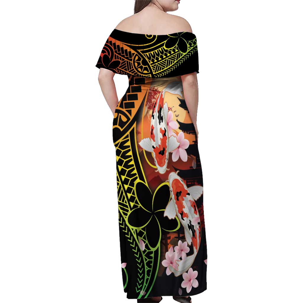 Hawaiian and Japanese Family Matching Off Shoulder Maxi Dress and Hawaiian Shirt Koi Fish With Kanaka Polynesian Tattoo LT14 - Polynesian Pride