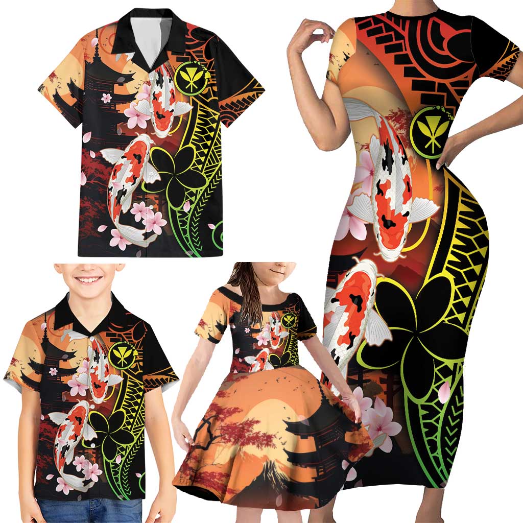 Hawaiian and Japanese Family Matching Short Sleeve Bodycon Dress and Hawaiian Shirt Koi Fish With Kanaka Polynesian Tattoo LT14 - Polynesian Pride