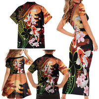 Hawaiian and Japanese Family Matching Short Sleeve Bodycon Dress and Hawaiian Shirt Koi Fish With Kanaka Polynesian Tattoo LT14 - Polynesian Pride