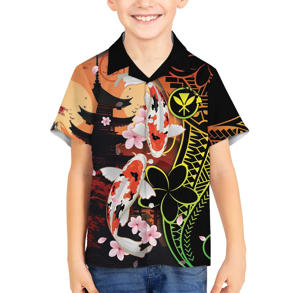 Hawaiian and Japanese Family Matching Summer Maxi Dress and Hawaiian Shirt Koi Fish With Kanaka Polynesian Tattoo LT14 Son's Shirt Black - Polynesian Pride