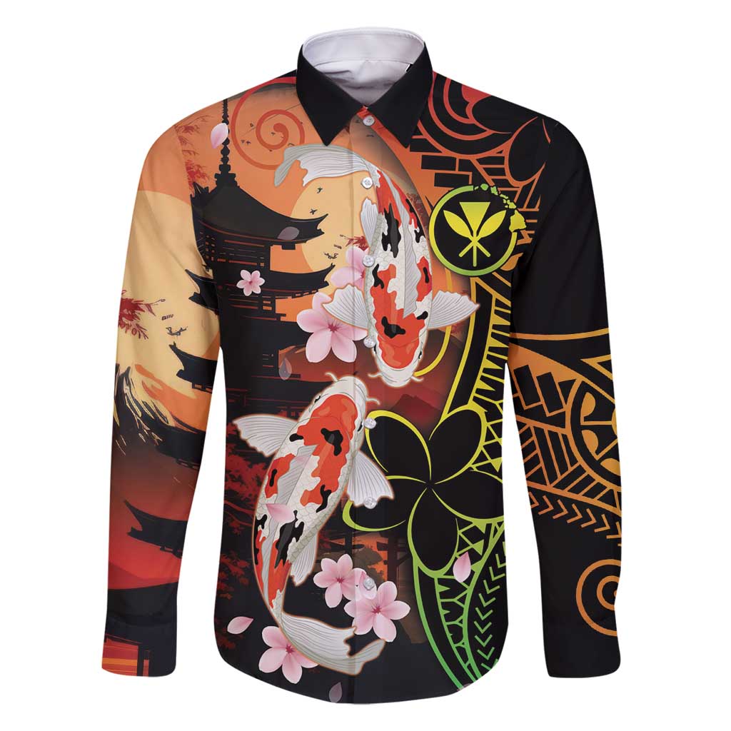 Hawaiian and Japanese Family Matching Tank Maxi Dress and Hawaiian Shirt Koi Fish With Kanaka Polynesian Tattoo LT14 Dad's Shirt - Long Sleeve Black - Polynesian Pride