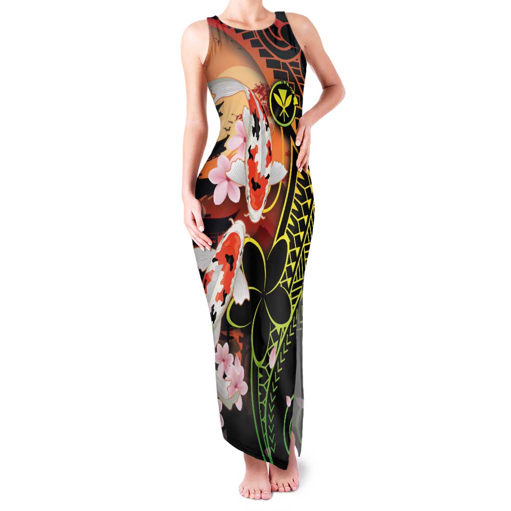 Hawaiian and Japanese Family Matching Tank Maxi Dress and Hawaiian Shirt Koi Fish With Kanaka Polynesian Tattoo LT14 Mom's Dress Black - Polynesian Pride