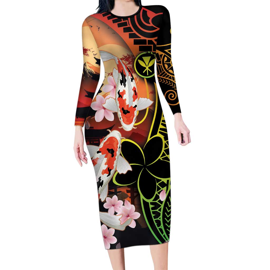 Hawaiian and Japanese Long Sleeve Bodycon Dress Koi Fish With Kanaka Polynesian Tattoo LT14 Long Dress Black - Polynesian Pride