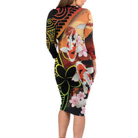 Hawaiian and Japanese Long Sleeve Bodycon Dress Koi Fish With Kanaka Polynesian Tattoo LT14 - Polynesian Pride