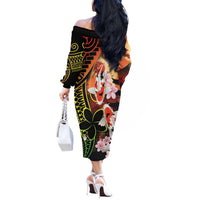 Hawaiian and Japanese Off The Shoulder Long Sleeve Dress Koi Fish With Kanaka Polynesian Tattoo LT14 - Polynesian Pride