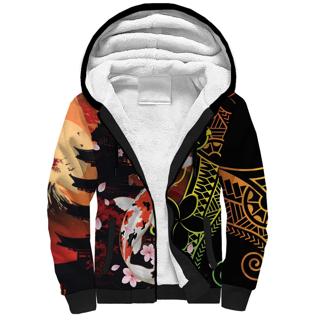 Hawaiian and Japanese Sherpa Hoodie Koi Fish With Kanaka Polynesian Tattoo LT14 Unisex Black - Polynesian Pride