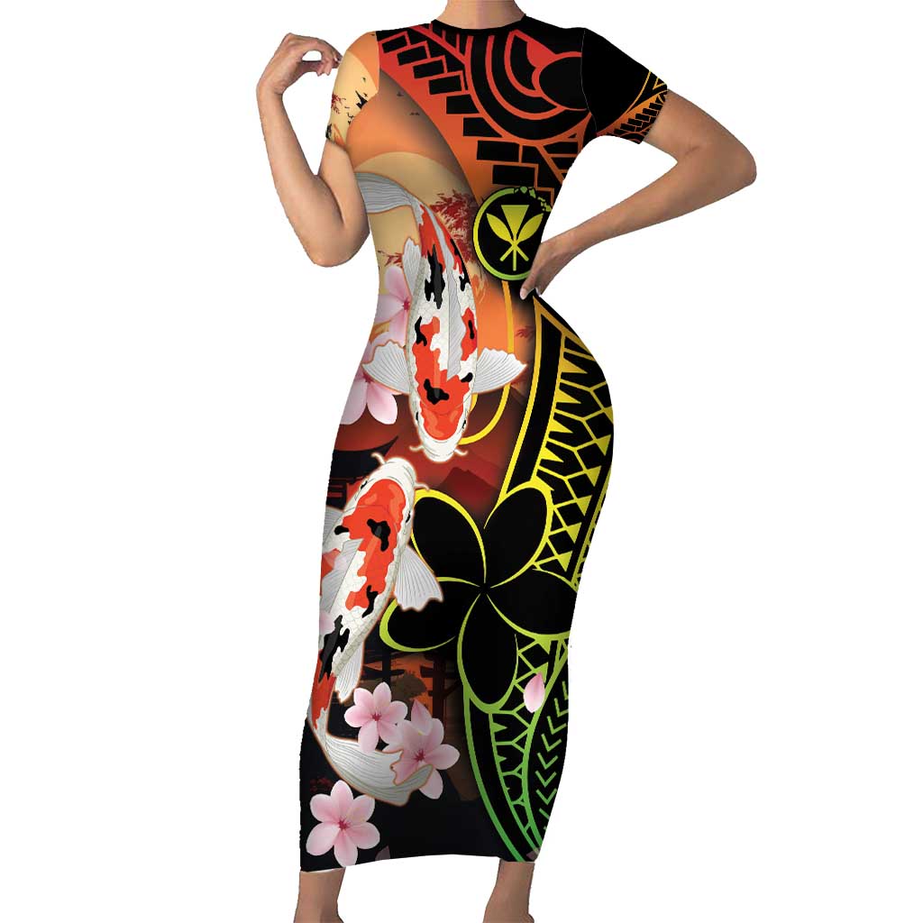 Hawaiian and Japanese Short Sleeve Bodycon Dress Koi Fish With Kanaka Polynesian Tattoo LT14 Long Dress Black - Polynesian Pride