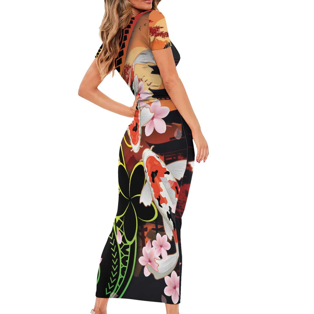 Hawaiian and Japanese Short Sleeve Bodycon Dress Koi Fish With Kanaka Polynesian Tattoo LT14 - Polynesian Pride
