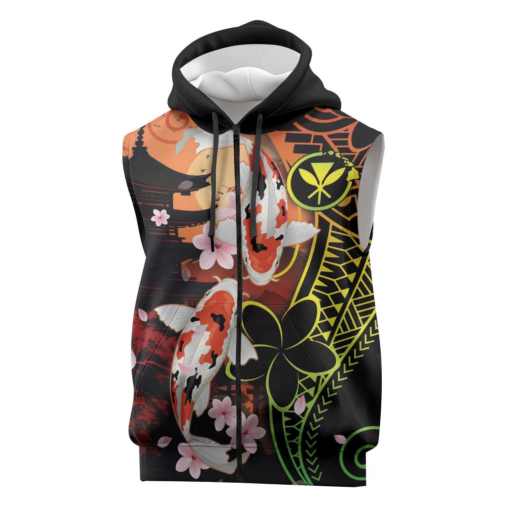 Hawaiian and Japanese Sleeveless Zip Hoodie Koi Fish With Kanaka Polynesian Tattoo LT14 Black - Polynesian Pride
