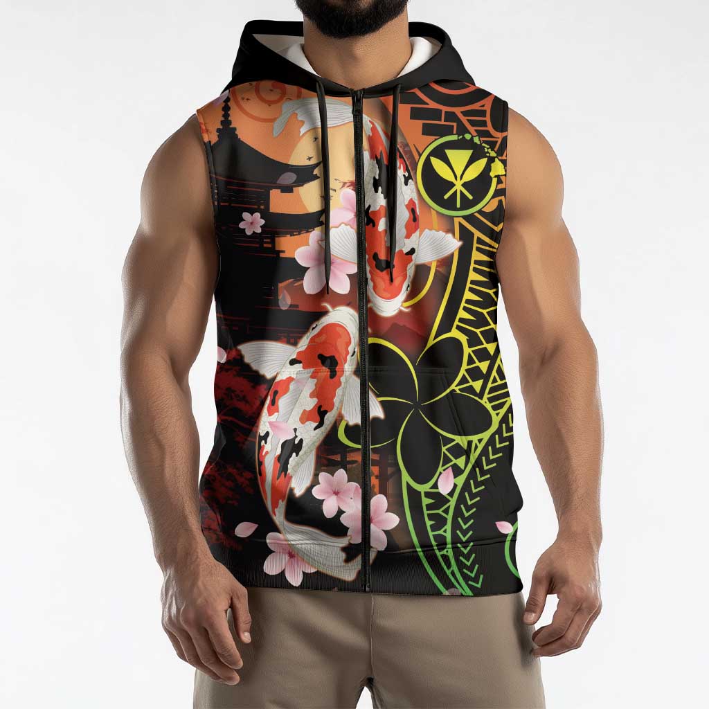 Hawaiian and Japanese Sleeveless Zip Hoodie Koi Fish With Kanaka Polynesian Tattoo LT14 - Polynesian Pride