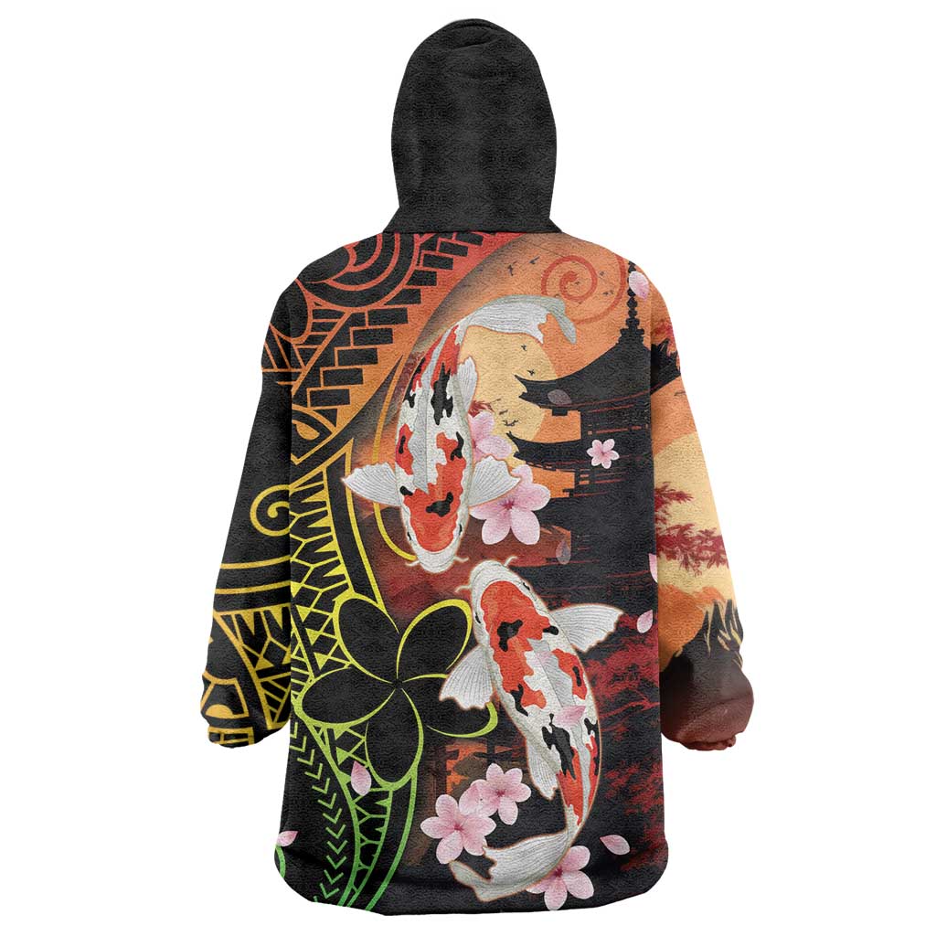 Hawaiian and Japanese Wearable Blanket Hoodie Koi Fish With Kanaka Polynesian Tattoo LT14 - Polynesian Pride