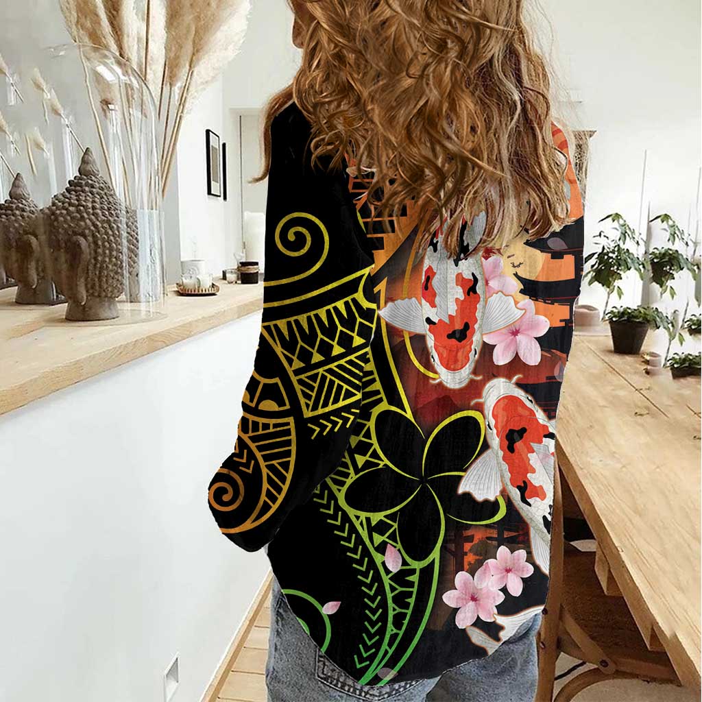 Hawaiian and Japanese Women Casual Shirt Koi Fish With Kanaka Polynesian Tattoo - Polynesian Pride