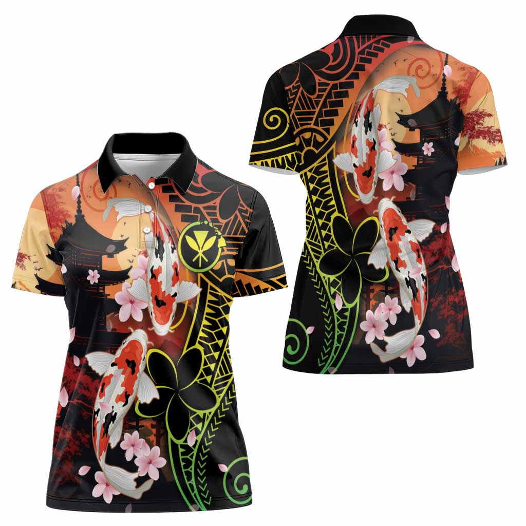 Hawaiian and Japanese Women Polo Shirt Koi Fish With Kanaka Polynesian Tattoo - Polynesian Pride